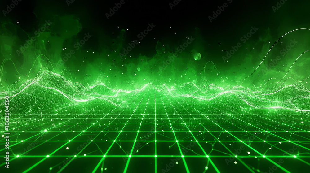 A futuristic green grid forming a wave pattern, glowing intensely, set against a dark, starry background.