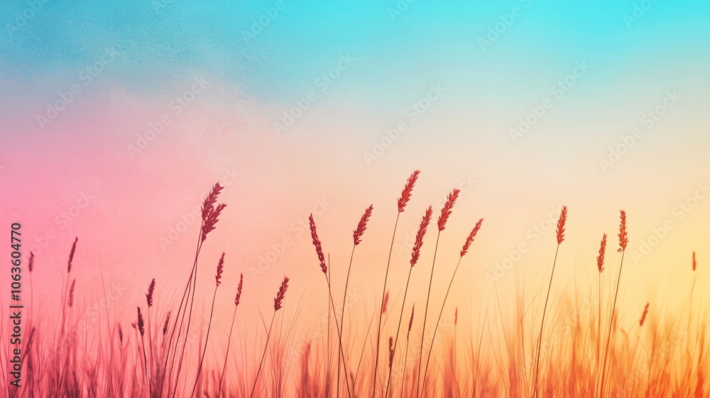 A serene landscape showcasing delicate grass silhouettes against a vibrant pastel sky at sunset. A serene landscape showcasing delicate grass silhouettes against a vibrant pastel sky at sunset.