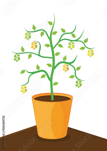 A professional vector illustration representing investment elements, featuring icons like a growing plant in a coin jar, upward arrows, and a bar chart. Ideal for finance, wealth growth, and economic 