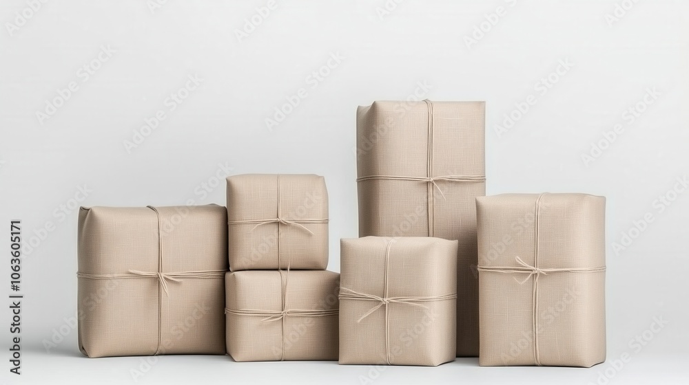 Stacked gift boxes wrapped in brown paper, tied with twine on a white isolated background. Stacked gift boxes wrapped in brown paper, tied with twine on a white isolated background.