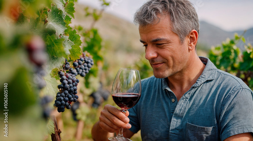 Man tasting wine in vineyard, Mendoza, Argentina, wine photo