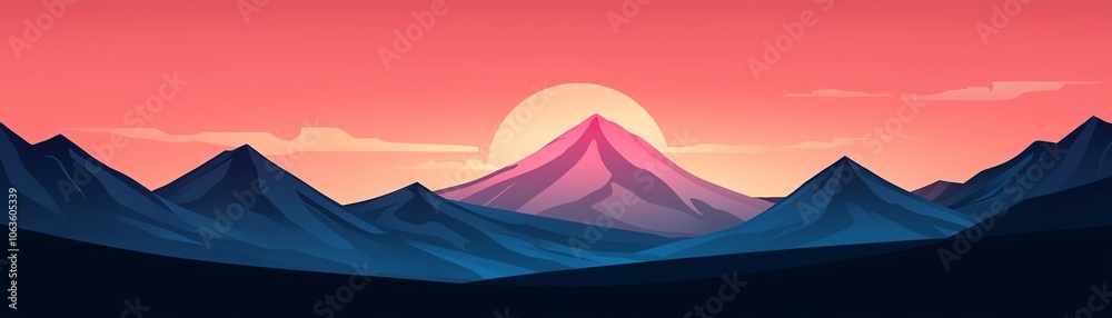 A serene mountain landscape at sunset, showcasing vibrant colors and majestic peaks under a pink sky. A serene mountain landscape at sunset, showcasing vibrant colors and majestic peaks under a pink sky.