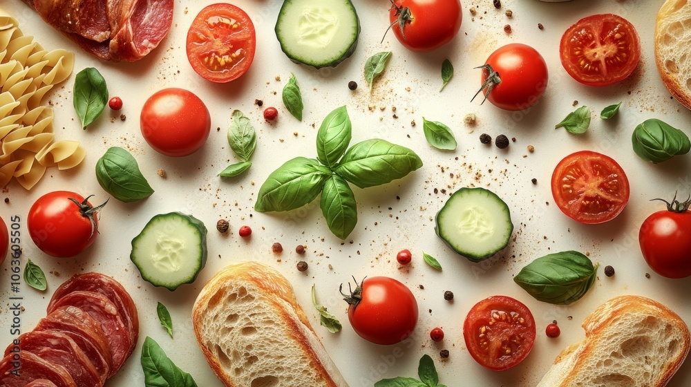 A beautiful flat lay of sliced tomatoes, cucumbers, and basil with bread pieces on a bright kitchen surface. A beautiful flat lay of sliced tomatoes, cucumbers, and basil with bread pieces on a bright kitchen surface.