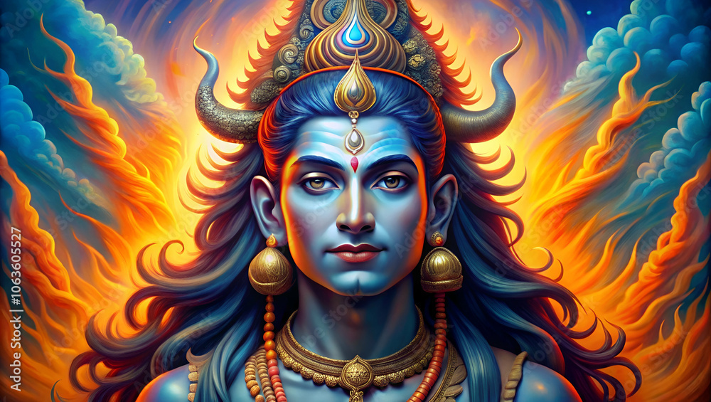 A vibrant depiction of a blue-skinned deity with long flowing hair, adorned with jewelry, surrounded by colorful flames and celestial elements. A vibrant depiction of a blue-skinned deity with long flowing hair, adorned with jewelry, surrounded by colorful flames and celestial elements.
