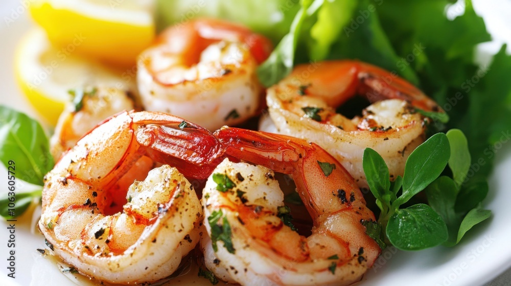 Aromatic garlic shrimp served with a side of fresh vegetables and herbs, perfectly garnished Aromatic garlic shrimp served with a side of fresh vegetables and herbs, perfectly garnished