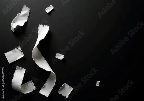 Torn White Paper Strips on Black Background photo