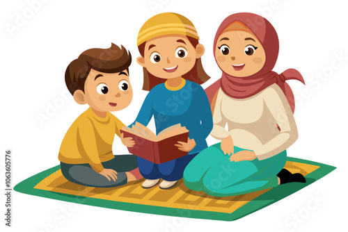 Family Reading Together on a Colorful Mat in a Cozy Home Environment