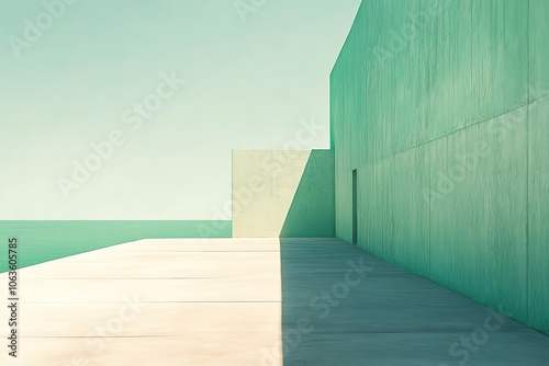 Arched corridor without doors in pastel colors where rows of light slip through