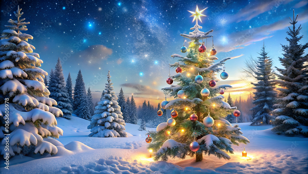 A beautifully decorated Christmas tree stands amidst snow-covered pines under a starry sky, radiating warmth and holiday spirit. A beautifully decorated Christmas tree stands amidst snow-covered pines under a starry sky, radiating warmth and holiday spirit.