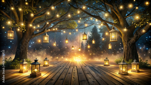 A serene night scene featuring illuminated lanterns hanging from trees, casting a warm glow over a wooden deck, surrounded by a mystical, forested landscape.