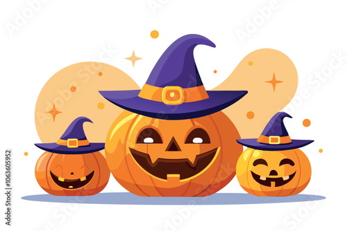 Happy Halloween Pumpkins With Witch Hats Against a Colorful Background