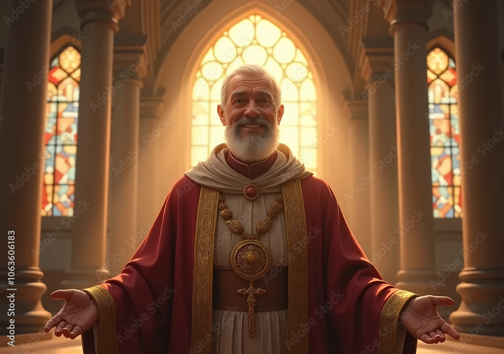 Senior Priest in a Beautifully Lit Church Interior. Ceremonial vestments Senior Priest in a Beautifully Lit Church Interior. Ceremonial vestments
