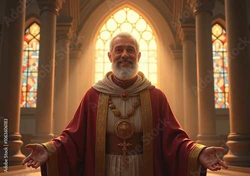 Senior Priest in a Beautifully Lit Church Interior. Ceremonial vestments