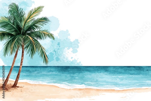 A serene tropical beach scene featuring palm trees and calm waves, perfect for relaxation and travel themes.