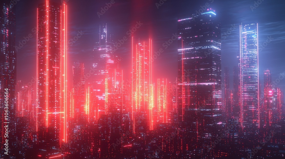 custom made wallpaper toronto digitalAn array of towering skyscrapers immersed in an intense red neon glow, illustrating a powerful and dramatic city scene filled with vibrant futuristic elements.