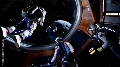 An astronaut travels to a space station and galaxy in a weightless environment.