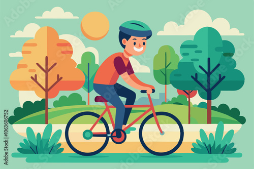 A Young Boy Happily Riding His Bicycle Through a Colorful Park on a Sunny Day