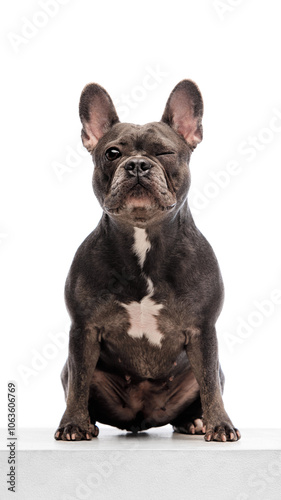 Front view portrait of adorable, purebred French Bulldog sitting with eyes closed isolated on white studio background. Concept of animals, domestic pet, health, care, vet. Copy space