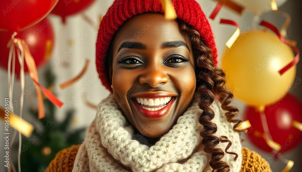 Happy Christmas New Year party black African American woman with confetti, balloons and copy space Happy Christmas New Year party black African American woman with confetti, balloons and copy space