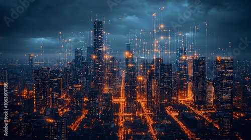 A futuristic cityscape illuminated by glowing orange lights resembling digital circuits, highlighting the blend of technology and urban life at dusk.