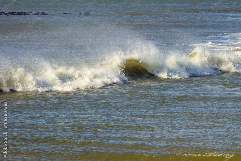 Fototapeta premium Breaking waves with the seaspray being blown back in Sturmvogelbucht, Namibia.