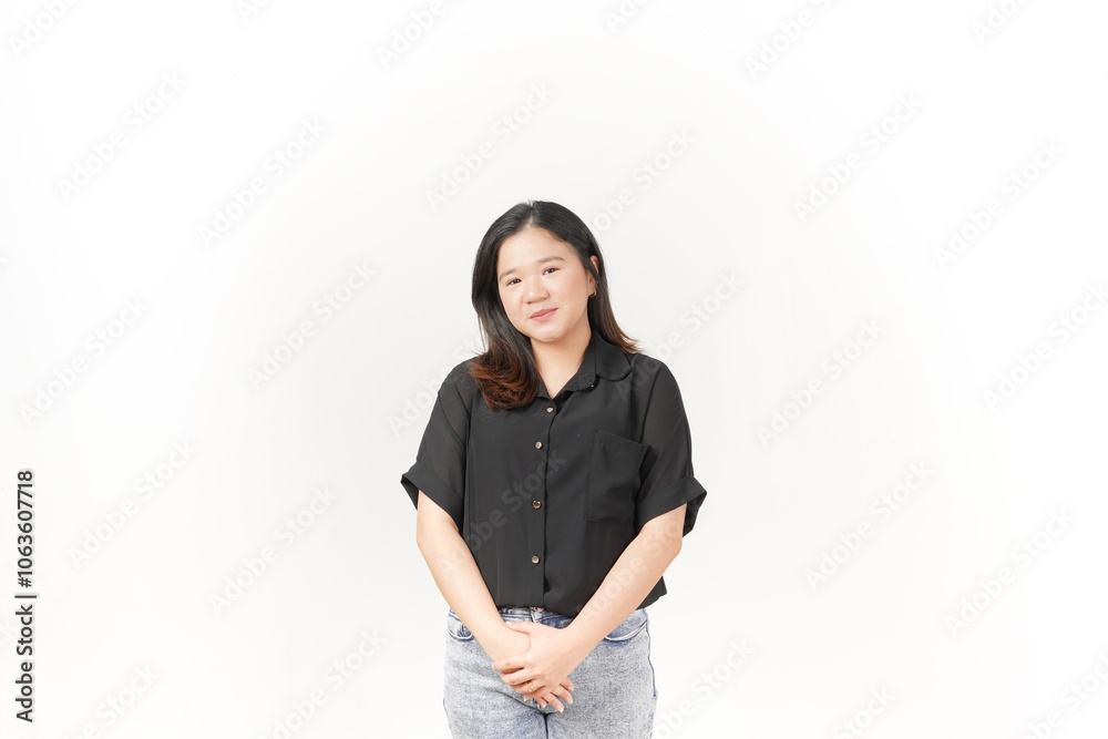 beautiful Asian woman stands with her arms folded across her stomach, exuding confidence against a white background beautiful Asian woman stands with her arms folded across her stomach, exuding confidence against a white background