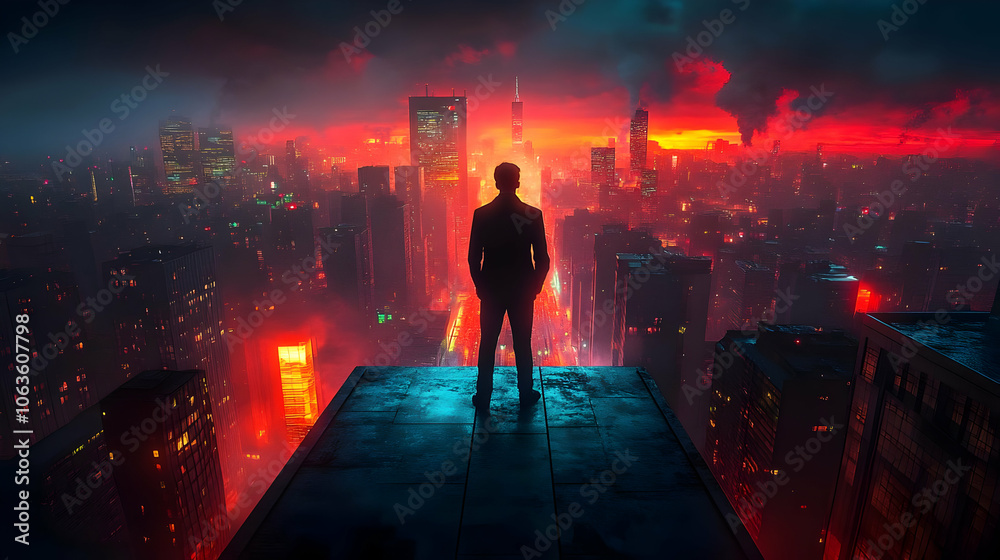 Cityscape Illustration: Man on Rooftop Looking at Cityscape Cityscape Illustration: Man on Rooftop Looking at Cityscape