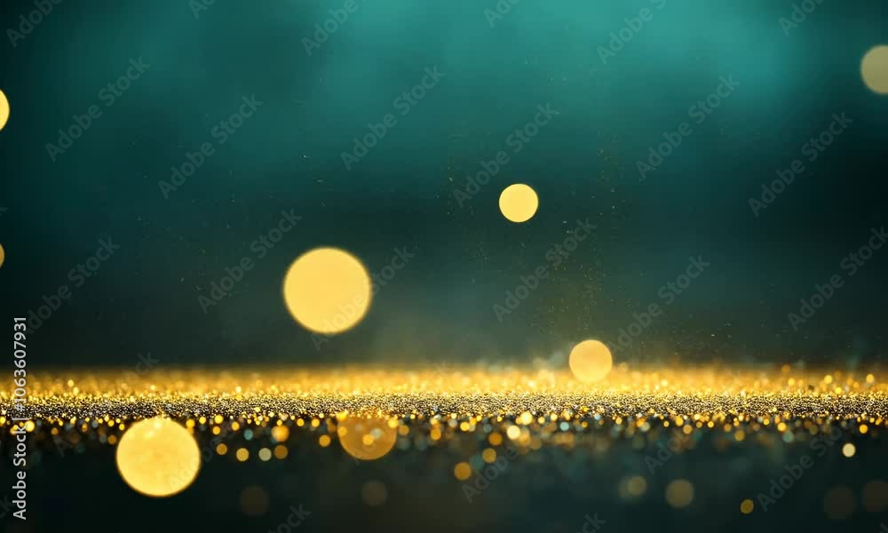 Beautiful dark green Christmas background with shining, golden glitter and empty space. Particles, confetti. with Copy space