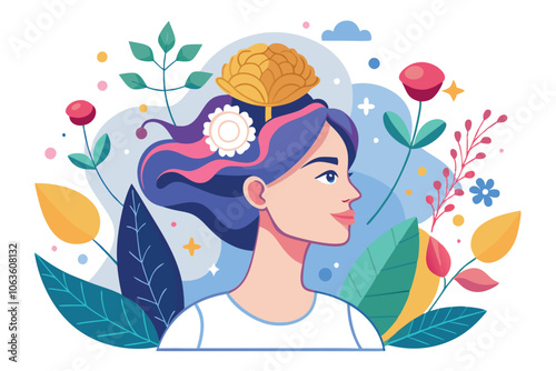 A Colorful Illustration of a Woman With Flowers and Leaves in a Vibrant Floral Setting