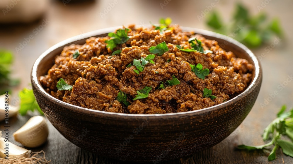 Close-up of minced beef in a bowl with fresh herbs and garlic cloves around, ready for a delicious homemade meal, set against a rustic backdrop Close-up of minced beef in a bowl with fresh herbs and garlic cloves around, ready for a delicious homemade meal, set against a rustic backdrop