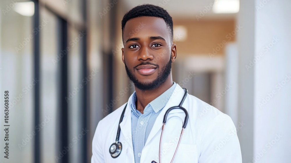 Portrait of confident young Black male doctor in hospital hallway, representing diversity and inclusivity in the healthcare profession. Portrait of confident young Black male doctor in hospital hallway, representing diversity and inclusivity in the healthcare profession.