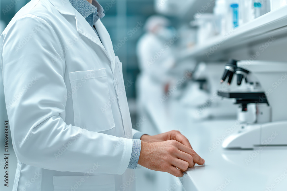 Biotechnology Research Hub, vibrant lab scene with scientists in white coats engaged in experiments, dynamic atmosphere, clear space for text. Biotechnology Research Hub, vibrant lab scene with scientists in white coats engaged in experiments, dynamic atmosphere, clear space for text.