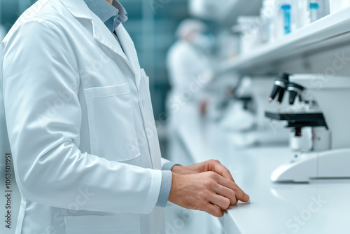 Biotechnology Research Hub, vibrant lab scene with scientists in white coats engaged in experiments, dynamic atmosphere, clear space for text.