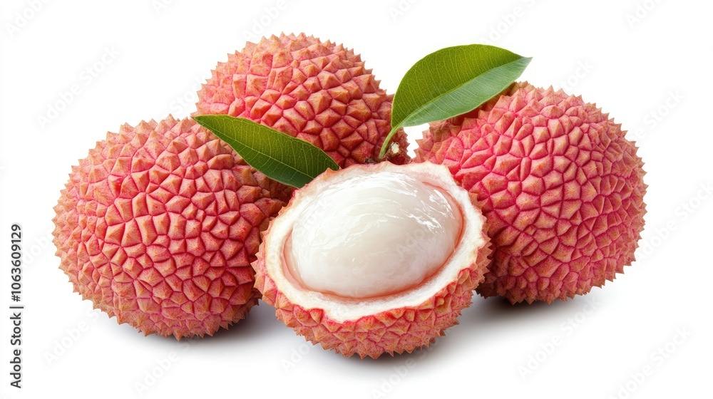Cluster of lychee fruits with textured, reddish-pink skin, one peeled open to reveal the juicy flesh, isolated on a clean white backdrop. Cluster of lychee fruits with textured, reddish-pink skin, one peeled open to reveal the juicy flesh, isolated on a clean white backdrop.