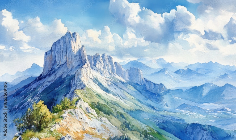 Naklejka premium Watercolor View of Mont Aiguille, South Vercors in the French Alps