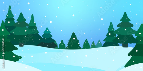 Winter Snowy Landscape with Pine Trees and Falling Snow Vector Illustration for Holiday and Seasonal Designs