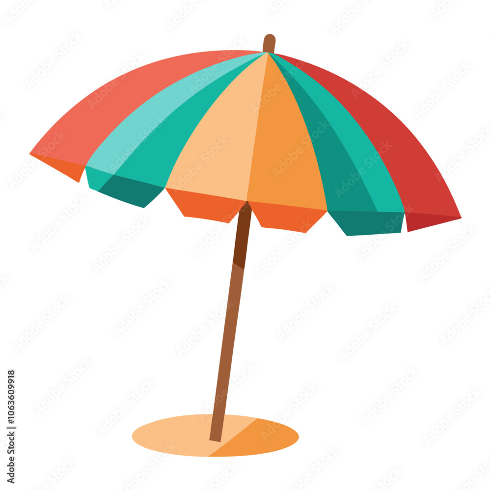 Obraz premium Beach umbrella flat style isolated. Summer sunshade striped parasol in sand. Vector illustration