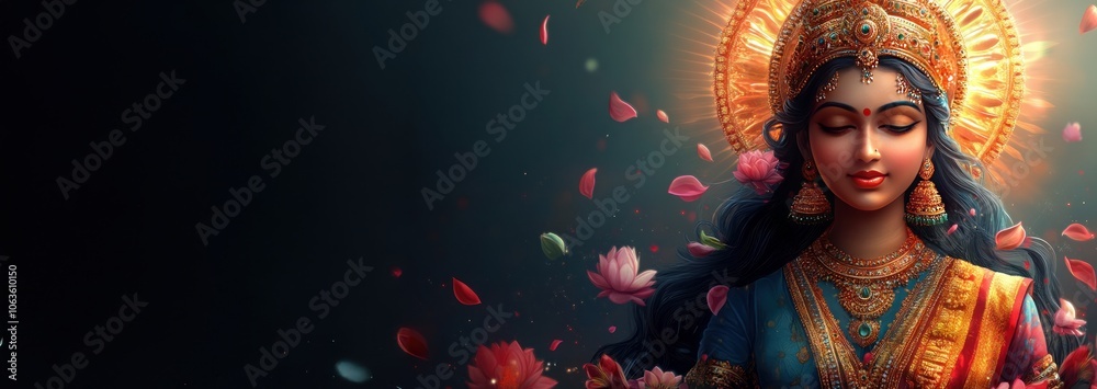 Fototapeta premium goddess laxmi with lotus flowers petal floating