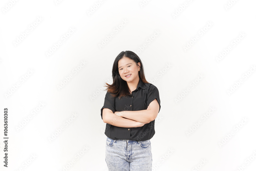 beautiful Asian woman stands with her arms folded across her chest, exuding confidence against a white background beautiful Asian woman stands with her arms folded across her chest, exuding confidence against a white background