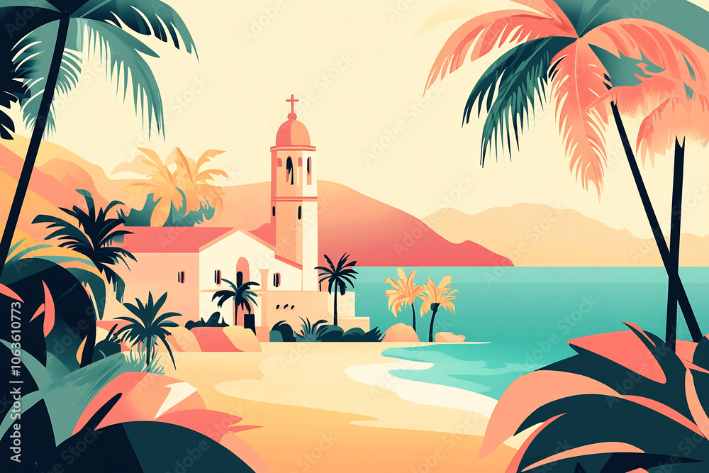 Obraz premium A serene coastal landscape with a charming church surrounded by palm trees and mountains at sunset