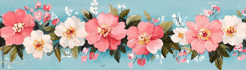 A vibrant floral pattern featuring pink and white flowers against a soft blue background, perfect for spring-themed designs. A vibrant floral pattern featuring pink and white flowers against a soft blue background, perfect for spring-themed designs.