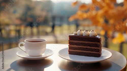 A delicious slice of chocolate cake next to a cup of tea on a wooden table in front of a bright window with fall season landscape blurred views