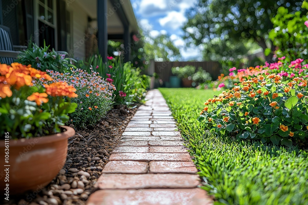A brick pathway lined with colorful flowers and greenery leading to a house. A brick pathway lined with colorful flowers and greenery leading to a house.