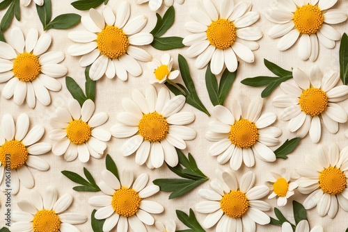 A vibrant layout of daisy flowers arranged beautifully with green leaves on a soft background, perfect for spring themes.