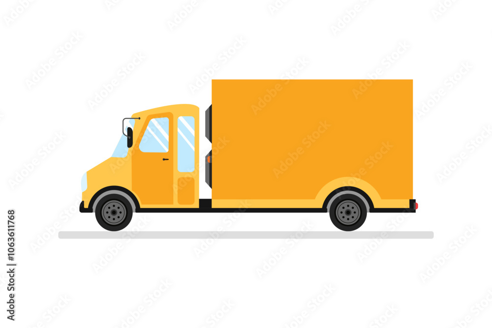 Express delivery service by cargo truck, delivery services commercial truck. Flat vector illustration yellow delivery van. Express delivery service by cargo truck, delivery services commercial truck. Flat vector illustration yellow delivery van.