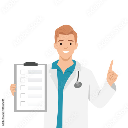 Doctor man holding checklist. Flat vector illustration isolated on white background