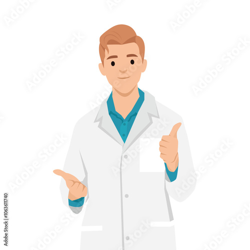 Young smiling man doctor therapist in white uniform explaining something. Flat vector illustration isolated on white background