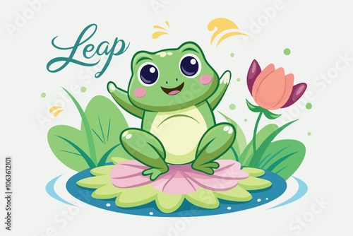 A Cheerful Green Frog Leaping on a Lily Pad With Vibrant Flowers Beside a Tranquil Pond