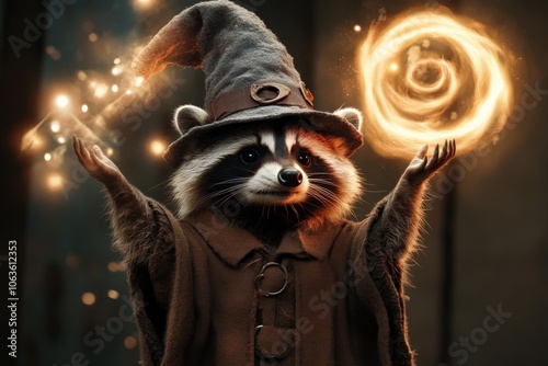A magical raccoon dressed as a wizard casts glowing spell symbols in a mysterious atmosphere, blending enchantment with a sense of adventurous exploration in fantasy.