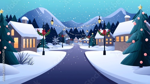 A picturesque winter scene with snow-covered houses, evergreen trees, and mountains, illuminated by festive lights and gently falling snowflakes.